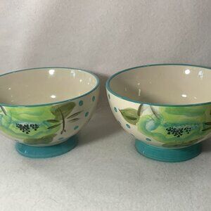 Pioneer Woman Footed Cereal Soup Bowl Floral Teal Trim 6" Diameter Vintage Style